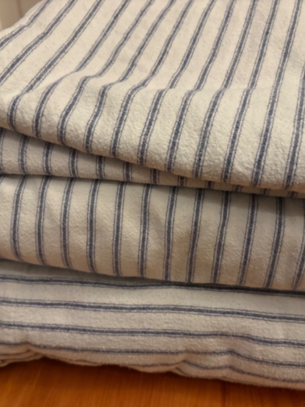 Garnet Hill Queen Flannel sheet set, blue ticking, 100% organic cotton